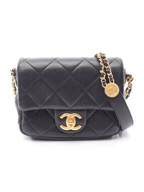 Chanel Shoulder Bag Quilted Mini Flap Black Caviar Leather Chain
